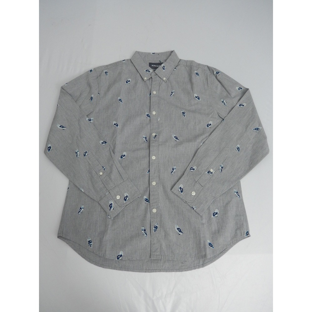 Bonobos Men's Standard Fit Button Down Shirt Gray Owl Print Long‎ Sleeve Size L